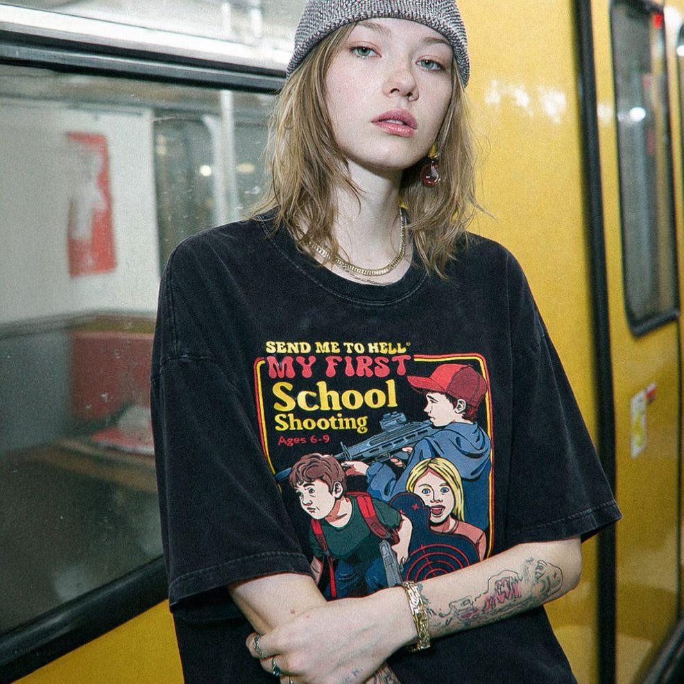 My First School Shooting Acid Washed Oversized T-Shirt