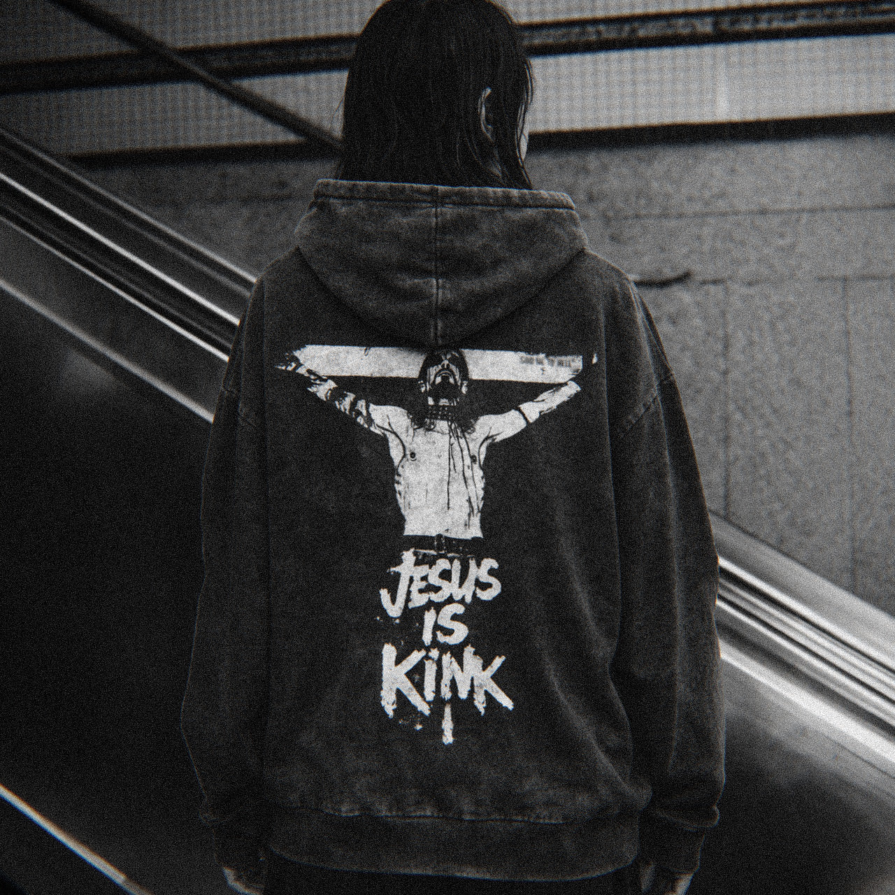 Felpa con cappuccio oversize lavata con acido Satanic Youth