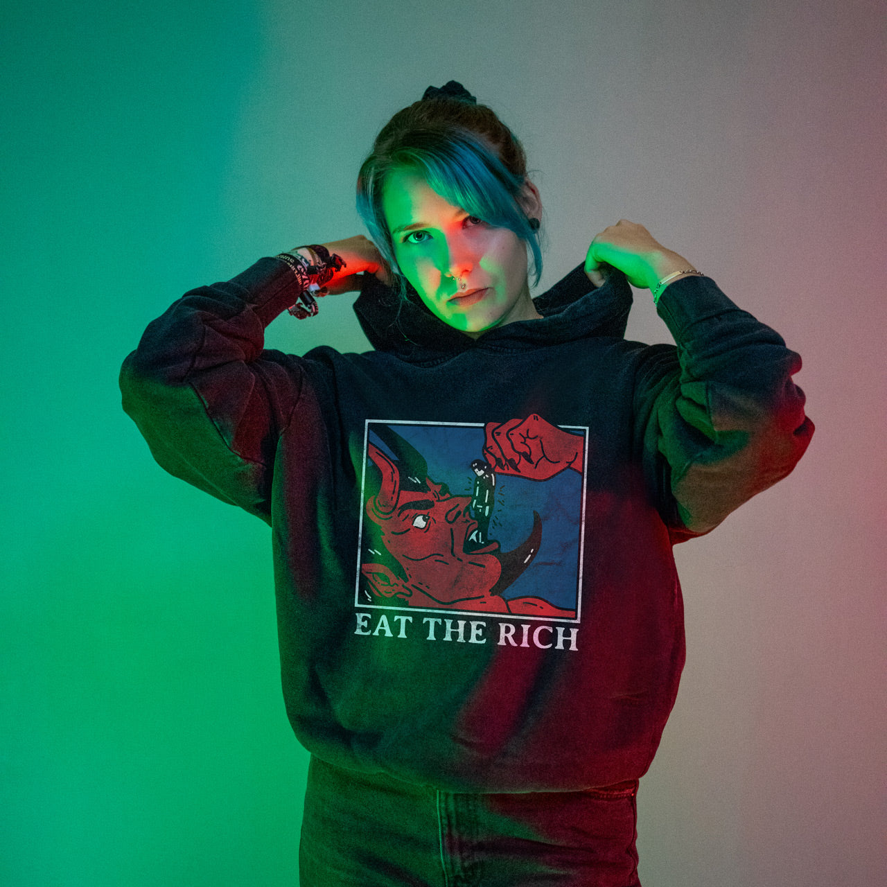 Lagerware: Eat The Rich Acid Washed Oversized Hoodie