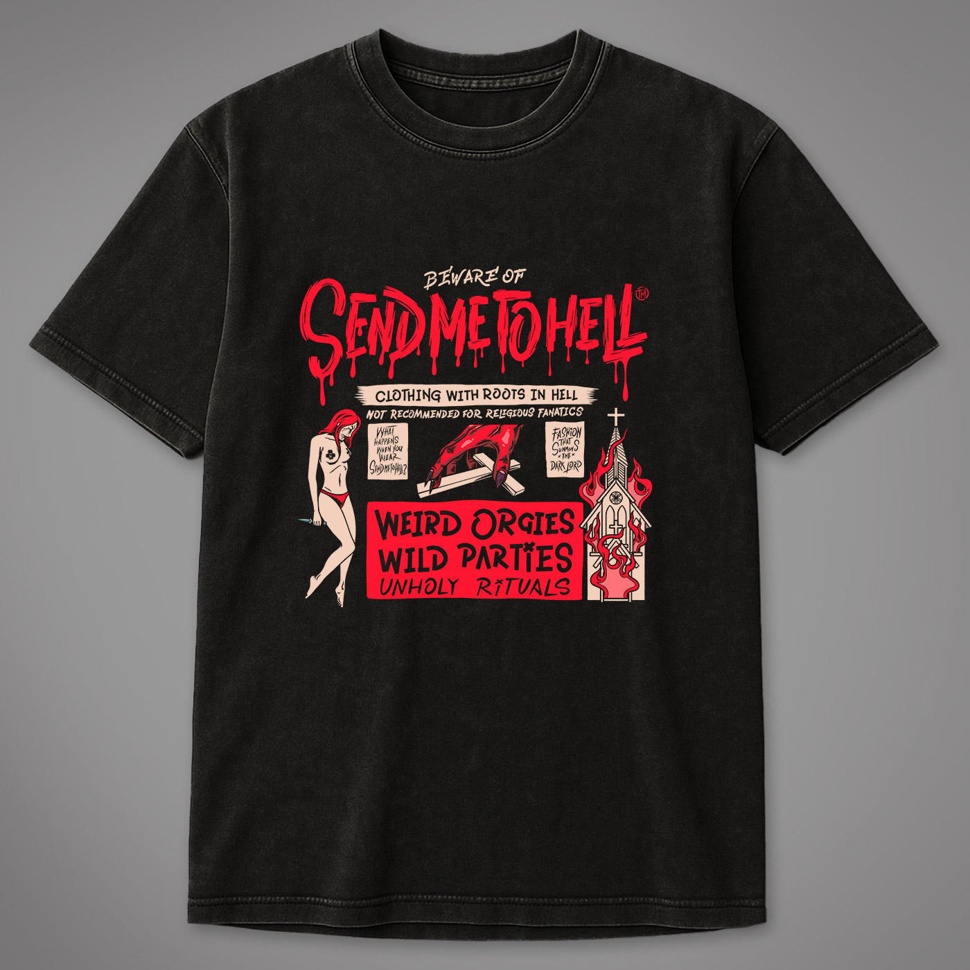 Beware of Send me to Hell Acid Washed Oversized T-Shirt